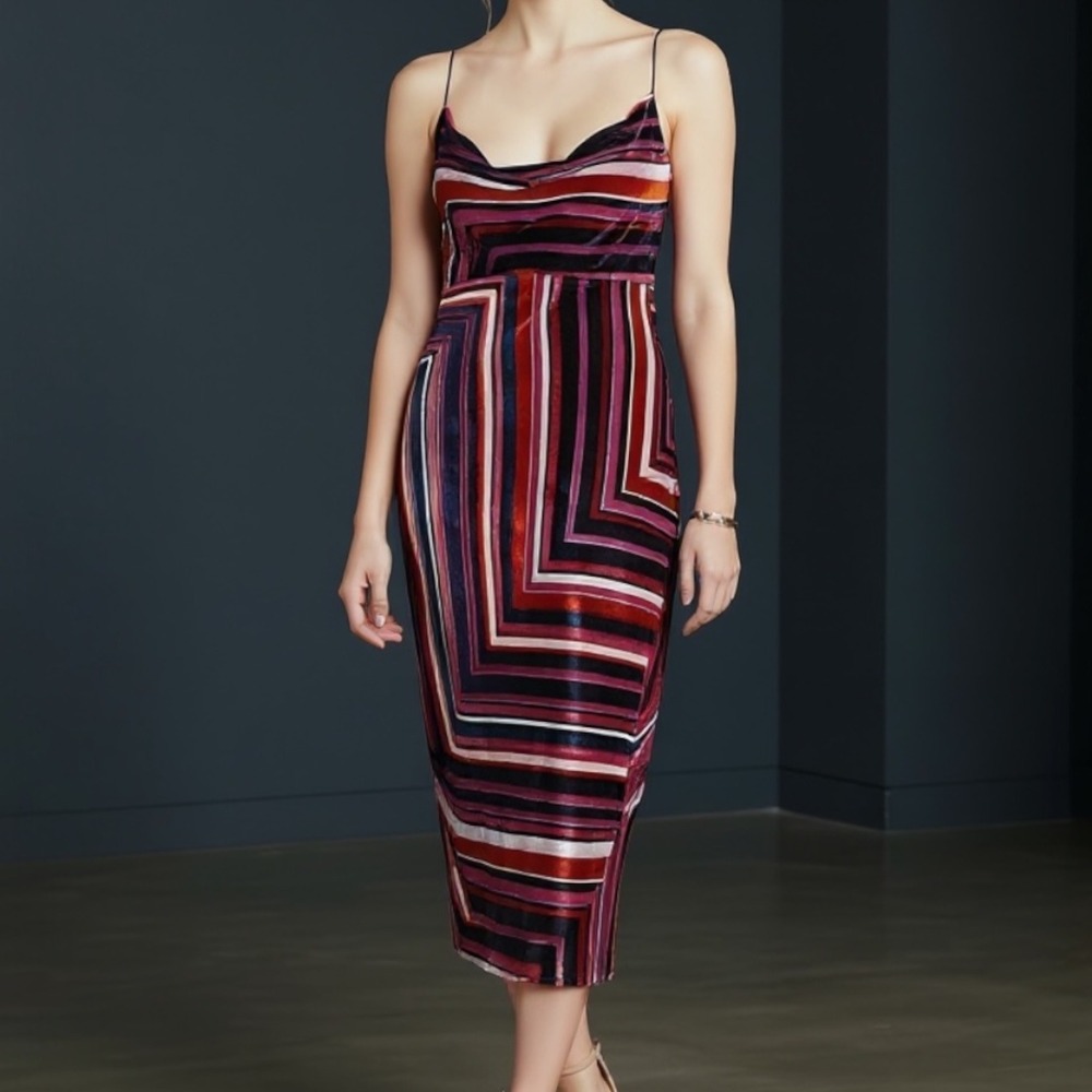 By Anthropologie NWT Tina Velvet Maxi Dress Vertical Stripes M Luxe Boho Evening